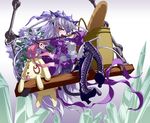  absurdres animal_ears barasuishou boots bread cat_ears cat_tail cross-laced_footwear crystal dress eyepatch flower food glasses highres kunkun leaf purple_hair rozen_maiden sasa_ichi solo stuffed_animal stuffed_dog stuffed_toy swing tail thigh_boots thighhighs whip 