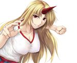  bad_id bad_pixiv_id blonde_hair breasts cleavage clenched_hand collarbone grin horn hoshiguma_yuugi large_breasts long_hair red_eyes ryuushou smile solo touhou 