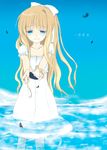  air blonde_hair blue_eyes day feathers kamio_misuzu kayune_niu long_hair ocean outdoors sky solo water 