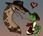 &lt;3 anthro badge brown_body chameleon clothing darkpenguin duo eye_contact feral french_kissing green_body hat headgear headwear kissing lizard long_tongue looking_at_another male male/male nervous_smile open_mouth orange_eyes pit_viper rango rango_(movie) rattlesnake rattlesnake_jake reptile scalie shirt size_difference smile snake stuck tongue tongue_stuck topwear viper yellow_eyes