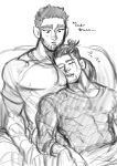  2boys absurdres bara beard_stubble buzz_cut couple cowboy_shot drooling face_to_pecs facial_hair golden_kamuy graphite_(medium) greyscale highres kasuke_(li_tgknk) loose_hair_strand male_focus mature_male monochrome mouth_drool multiple_boys muscular muscular_male ogata_hyakunosuke shirt short_hair sketch sleeping sleeping_on_person stubble t-shirt tanigaki_genjirou thick_eyebrows traditional_media translation_request very_short_hair yaoi 