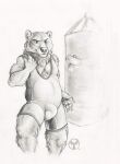 2014 anthro balls_outline bear belly biceps black_and_white bulge flaccid genital_outline genitals grin male mammal manly monochrome musclegut muscular neverwolf pecs penis penis_outline punching_bag simple_background slightly_chubby smile solo standing white_background wrestling_singlet