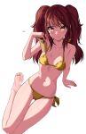  1girl absurdres arm_support artist_name ass_visible_through_thighs barefoot bikini blush breasts brown_hair closed_mouth collarbone commentary cup disposable_cup drinking_straw english_commentary eyelashes feet foot_out_of_frame highres holding kujikawa_rise legs long_hair navel on_ground paid_reward_available persona persona_4 side-tie_bikini_bottom simple_background sitting small_breasts smile soles solo stomach swimsuit thighs toes twintails white_background x_xith_x yellow_bikini yellow_eyes 