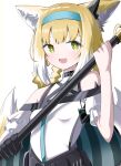 1girl :d absurdres animal_ear_fluff animal_ears arknights bare_shoulders black_gloves blonde_hair blue_hairband braid breasts eyebrows_hidden_by_hair fox_ears fox_girl fox_tail gloves green_eyes hair_rings hairband hands_up highres holding looking_at_viewer multicolored_hair shirt simple_background small_breasts smile solo spam_(spamham4506) suzuran_(arknights) tail twin_braids two-tone_hair white_background white_hair white_shirt 