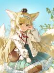  1girl animal_ears aqua_hairband aqua_skirt arknights basket blonde_hair blue_sky cardigan closed_mouth commentary creature creature_on_head cross-laced_clothes cross-laced_skirt day fox_ears fox_girl fox_tail frilled_skirt frills green_eyes hairband hand_up heixiu high-waist_skirt highres holding holding_basket kitsune kyuubi long_sleeves looking_at_viewer luo_xiaohei_zhanji multiple_tails neck_ribbon official_alternate_costume on_head outdoors pleated_skirt puffy_long_sleeves puffy_sleeves red_ribbon ribbon shan_(ti0n) shirt skirt sky smile solo suzuran_(arknights) suzuran_(spring_praise)_(arknights) tail white_cardigan white_shirt 