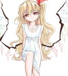  1girl alternate_costume alternate_hair_length alternate_hairstyle arm_support arms_behind_back blonde_hair closed_mouth commentary_request crystal_wings flandre_scarlet frilled_nightgown hair_ribbon head_tilt long_hair looking_at_viewer nightgown red_eyes red_ribbon ribbon s-a-murai see-through sitting smile solo touhou wavy_hair white_background white_nightgown wings 