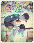  1boy aoyama-kun_(penguin_highway) bird black_hair blue_shirt book can closed_eyes cola eraser floating highres holding holding_book levitation male_focus nasuharu_(kom_4em) pencil penguin penguin_highway shirt shoes shorts sneakers solo 