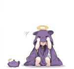  1girl :3 aged_down barefoot character_hood child chocolate_chip_cookie cloak closed_eyes closed_mouth commentary cookie cosplay food gradient_hair halo hands_up hololive hololive_english hood hood_over_eyes hood_up hooded_cloak long_hair multicolored_hair ninomae_ina&#039;nis open_mouth orange_hair purple_cloak purple_hair shirt sidelocks smile solo squatting takodachi_(ninomae_ina&#039;nis) takodachi_(ninomae_ina&#039;nis)_(cosplay) tentacle_hair virtual_youtuber white_shirt yuuyu_(777) 
