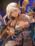  1girl andromeda_(fate) blonde_hair braid breasts choker covered_navel covered_nipples daeraeband dark-skinned_female dark_skin detached_sleeves fate/grand_order fate_(series) gold_choker green_eyes hair_between_eyes hair_ornament highres jewelry large_breasts long_hair parted_lips smile solo space white_hair white_sleeves wings 