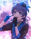  1girl akihitohappy asymmetrical_gloves black_gloves black_headwear black_jacket blue_eyes blue_gloves blue_hair blue_headwear blush commentary commentary_request gloves highres holding holding_microphone jacket jewelry link!_like!_love_live! long_hair long_sleeves looking_at_viewer love_live! microphone multicolored_clothes multicolored_headwear murano_sayaka necklace open_mouth solo twintails uneven_gloves upper_body 