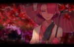  1girl absurdres autumn_leaves black_kimono blurry blurry_background bungou_stray_dogs closed_mouth commentary eyeshadow falling_leaves hair_ornament hair_over_one_eye hair_stick haori highres holding holding_umbrella japanese_clothes kaibab kimono leaf letterboxed lips lipstick long_sleeves looking_at_viewer makeup maple_leaf oil-paper_umbrella one_eye_covered ozaki_kouyou_(bungou_stray_dogs) pink_kimono rain red_eyes red_eyeshadow red_hair red_lips red_umbrella short_hair smile solo two-tone_kimono umbrella upper_body white_haori 