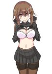  1girl black_shirt black_skirt blush bra breasts brown_eyes brown_hair cowboy_shot hair_between_eyes hair_ornament hairclip highres kantai_collection large_breasts lifted_by_self long_hair long_sleeves looking_at_viewer low_twintails navel pepatiku shirt skirt tashkent_(kancolle) twintails underwear white_background white_bra 