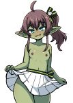  1girl :d ahoge alternate_species aqua_eyes breasts brown_hair collarbone colored_skin commentary contrapposto fangs female_goblin goblin green_skin hololive ink_(inksgirls) long_hair long_pointy_ears miniskirt natsuiro_matsuri natsuiro_matsuri_(1st_costume) navel nipples open_mouth pleated_skirt pointy_ears side_ponytail sidelocks skirt skirt_hold small_breasts smile solo topless virtual_youtuber white_skirt 