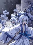  6+girls blue_bow blue_eyes blue_hair bow cirno clone hair_bow highres japanese_clothes kaigen_1025 kimono looking_at_another looking_at_viewer multiple_girls open_mouth outstretched_arms short_hair sketch sleeves_past_fingers sleeves_past_wrists touhou white_kimono 