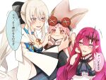 3girls :3 ? baobhan_sith_(fate) baobhan_sith_(first_ascension)_(fate) bare_shoulders barefoot black_bow black_footwear blue_eyes blush boots bow breasts cheek_pinching cleavage detached_sleeves dress fang fate/grand_order fate_(series) grey_eyes habetrot_(fate) hair_bow hair_ornament hand_on_own_cheek hand_on_own_face hat highres hood hoodie long_hair looking_to_the_side lying mabotofu_maki morgan_le_fay_(fate) mother_and_daughter multiple_girls on_stomach open_mouth pinching pink_eyes pink_hair pink_hoodie pointy_ears ponytail red_dress sidelocks sitting skin_fang smile speech_bubble thigh_boots white_background white_dress white_hair wide_sleeves 