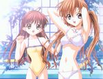  arms_up bikini braid brown_eyes brown_hair game_cg karen_(sister_princess) long_hair multiple_girls nagase_yutaka non-web_source purple_eyes sakuya_(sister_princess) sister_princess swimsuit twin_braids twintails 