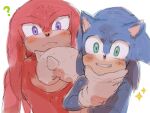  2boys ? animal_ears animal_nose blue_fur blush closed_mouth english_commentary furry furry_male gloves green_eyes hand_on_own_face hand_up hedgehog hedgehog_ears knuckles_the_echidna looking_at_viewer male_focus multiple_boys purple_eyes red_fur simple_background sk_rokuro smile sonic_(series) sonic_the_hedgehog sonic_the_hedgehog_2_(film) sparkle spiked_gloves standing teeth white_background white_gloves 