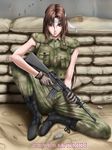  armor assault_rifle boots brown_eyes brown_hair camouflage cigarette copyright_request gun headband long_hair m16 m4_carbine military military_operator military_uniform non-web_source rifle sitting smoking solo takatan uniform weapon 