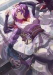  1girl absurdres armor bed_sheet breasts bridal_gauntlets cleavage cxxxl flower genshin_impact hair_flower hair_ornament highres indoors japanese_clothes kimono long_braid long_hair lying on_back on_bed open_mouth pillow print_bed_sheet purple_eyes purple_hair purple_kimono purple_thighhighs raiden_shogun shoulder_armor tassel thighhighs very_long_hair 