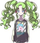  1girl arms_at_sides blue_eyes character_print closed_mouth colored_eyelashes cropped_torso drill_hair expressionless falulu falulu_(awakened) green_hair grey_shirt headphones long_hair long_sleeves looking_at_viewer parted_bangs pretty_series print_shirt pripara ritsu_(roboroboro) shirt sidelocks simple_background solo twin_drills twintails unicorn_(pripara) upper_body white_background 