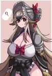  1girl ? bird_wings black_bow black_hair black_souls bonnet bow breasts bright_pupils brown_wings chinese_commentary cleavage closed_mouth dodo_(black_souls) feathered_wings gradient_hair grey_headwear hair_between_eyes harpy highres huge_breasts koshou_shou_mitsu light_brown_hair long_hair monster_girl multicolored_hair red_bow red_eyes smile solo speech_bubble spoken_question_mark two-tone_hair very_long_hair white_pupils wing_ears winged_arms wings 