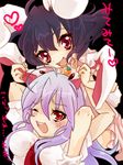  angry animal_ears black_hair bunny_ears carrot carrot_necklace ear_grab heart inaba_tewi jewelry multiple_girls necklace pendant purple_hair red_eyes reisen_udongein_inaba sakurai_momo_(rabbit) touhou translated 