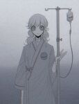  1girl alternate_costume asymmetrical_bangs bag bandaged_chest bandaged_neck bandages blue_bow bow buttons curly_hair dress eye_print grey_eyes holding hospital_gown intravenous_drip iv_stand komeiji_koishi long_sleeves looking_at_viewer messy_hair n0een pin simple_background smile third-party_source touhou white_hair 