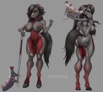 anthro axe big_breasts big_butt blood bodily_fluids breasts butt chaos_star clitoris clitoris_piercing ear_piercing ear_ring equid equine eye_tattoo facial_piercing facial_tattoo female genital_piercing genitals greataxe hair hi_res hooves horn horse long_hair mammal model_sheet muscular muscular_female muscular_thighs nipple_piercing nipples nose_piercing nose_ring piercing pussy pussy_piercing red_eyes ring_piercing simple_background solo spiked_axe sunstripe tattoo unknown_character warhammer_(franchise) warrior_of_chaos yellow_sclera