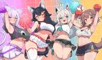 !? 4girls ? absurdres ahoge animal_collar animal_ear_fluff animal_ears arm_up armpits arms_up black_choker black_collar black_hair black_shirt black_skirt blue_footwear blush bone_hair_ornament boxing_gloves braid breasts brown_hair cartoon_bone cat_ears cat_girl cat_tail character_name cheering cheerleader choker cleavage closed_mouth clothes_writing collar crop_top crop_top_overhang cropped_shirt dog_ears dog_girl fox_ears fox_girl french_braid gradient_background hair_ornament hairclip highres holding holding_pom_poms hololive hololive_gamers inugami_korone jumping kani_bonara long_hair looking_at_another looking_at_viewer microskirt midriff multicolored_hair multiple_girls navel nekomata_okayu no_bra nose_blush ookami_mio open_mouth orange_eyes panties pantyshot pleated_skirt pom_pom_(cheerleading) purple_hair red_collar red_footwear red_hair shirakami_fubuki shirt shoes short_hair side_braid skindentation skirt smile sneakers sports_bra stomach streaked_hair sweat sweatdrop tail thick_thighs thighhighs thighs twin_braids underboob underwear white_hair white_panties white_shirt white_skirt white_sports_bra white_thighhighs wolf_ears wolf_girl 