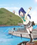  1girl arms_up birthday blue_hair blue_sky boat cloud cloudy_sky commentary high_ponytail highres long_hair looking_at_viewer love_live! love_live!_sunshine!! maruyo matsuura_kanan mountain purple_eyes school_uniform sky solo standing standing_on_one_leg uranohoshi_school_uniform water watercraft 