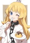  1girl absurdres blonde_hair blue_eyes chain closed_mouth collar eating food gazacy_(dai) highres hime-sama_&quot;goumon&quot;_no_jikan_desu hime_(hime-sama_&quot;goumon&quot;_no_jikan_desu) holding holding_plate holding_spoon long_hair looking_back metal_collar one_eye_closed plate pudding shirt short_sleeves simple_background smile solo spoon standing tongue tongue_out white_background white_shirt 