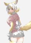  1girl adjusting_clothes adjusting_legwear animal_ears blonde_hair blush brown_eyes cowboy_shot elbow_gloves extra_ears fennec_(kemono_friends) fox_ears fox_girl fox_tail from_behind fur_trim gloves hair_between_eyes highres kemono_friends looking_back multicolored_hair pink_sweater pleated_skirt puffy_short_sleeves puffy_sleeves short_hair short_sleeves sidelocks skirt smile solo sweater tail tanabe_(fueisei) thighhighs two-tone_gloves white_fur white_gloves white_hair white_skirt yellow_gloves yellow_thighhighs zettai_ryouiki 