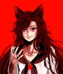  1girl animal_ears brooch brown_hair collarbone fingernails hand_up highres imaizumi_kagerou jewelry kuya_(hey36253625) long_hair messy_hair red_background red_eyes red_nails sharp_fingernails smile solo teeth touhou wolf_ears wolf_girl 