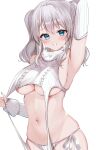  1girl absurdres aqua_eyes arm_up armpits blue_eyes blush breasts grey_hair highres kantai_collection kashima_(kancolle) large_breasts looking_at_viewer meme_attire navel open_mouth smile solo sweat sweater twintails underboob underwear virgin_destroyer_sweater white_background yoshino_(mfmfpng) 