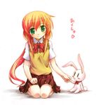  blush green_eyes ixpellia kusakami_akira long_hair lyrical_nanoha mahou_shoujo_lyrical_nanoha_strikers mahou_shoujo_lyrical_nanoha_strikers_sound_stage_x mahou_shoujo_lyrical_nanoha_vivid orange_hair sacred_heart school_uniform skirt smile solo st._hilde_academy_of_magic_uniform translated 