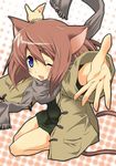 animal_ears blue_eyes blush brown_hair foreshortening hands hermmy one_eye_closed original scarf solo tail 