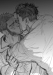  2boys absurdres bara beard_stubble buzz_cut closed_eyes couple facial_hair golden_kamuy greyscale highres kasuke_(li_tgknk) kiss loose_hair_strand male_focus mature_male monochrome multiple_boys muscular muscular_male ogata_hyakunosuke open_clothes open_shirt shirt_tug short_hair sideburns sketch sparse_arm_hair stubble tanigaki_genjirou thick_eyebrows very_short_hair yaoi 