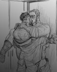  2boys anal arms_around_neck bara beard_stubble blush buzz_cut clothed_sex couple facial_hair french_kiss from_behind golden_kamuy greyscale highres kasuke_(li_tgknk) kiss leg_up loose_hair_strand male_focus mature_male monochrome multiple_boys muscular muscular_male off_shoulder ogata_hyakunosuke open_pants pants sex short_hair sketch socks stubble tanigaki_genjirou thick_eyebrows very_short_hair yaoi 