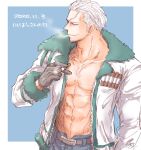  1boy abs belt blue_background border cigar commentary_request dated denim gloves holding holding_cigar jacket jeans male_focus one_piece pants shina_(ooo417ooo) smile smoke smoker_(one_piece) solo stitched_face stitches undercut upper_body white_border white_hair 