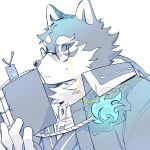 anthro black_and_white_fur black_sclera blush book bookmark canid canine canis domestic_dog embarrassed eyewear glasses hagio_graphy hi_res lifewonders male mammal masanori solo tokyo_afterschool_summoners