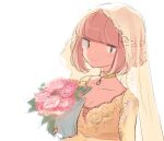  1girl blush bouquet bridal_veil bride choker collarbone dress flower highres holding holding_bouquet looking_at_viewer nokonoko_(a0dddd) pendant_choker short_hair simple_background smile solo uchi_emiri unusually_open_eyes upper_body veil watashi_ga_motenai_no_wa_dou_kangaetemo_omaera_ga_warui! wedding_dress white_background yellow_choker yellow_dress 