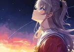  1girl absurdres black_sky blue_eyes charlotte_(anime) grey_hair highres hoshinoumi_academy_school_uniform long_hair looking_up meteor sailor_collar school_uniform serafuku sky smile solo sunset tomori_nao two_side_up white_hair yuteke_key 