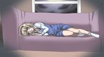  alice_margatroid blonde_hair blue_eyes couch frown haruichi legs lying on_side open_clothes open_shirt shirt short_hair socks solo touhou 