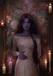  1girl absurdres annahelme bare_shoulders black_hair candle colored_skin constellation_hair_ornament dress fire highres indoors long_hair looking_at_viewer original painting_(object) purple_skin solo white_dress 