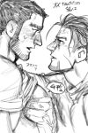  2boys absurdres angry bara beard_stubble blush buzz_cut clothes_lift couple eye_contact facial_hair frown golden_kamuy grabbing greyscale highres kasuke_(li_tgknk) looking_at_another loose_hair_strand male_focus mature_male monochrome multiple_boys muscular muscular_male muscular_uke ogata_hyakunosuke pectoral_grab shirt_lift short_hair sketch stubble tanigaki_genjirou thick_eyebrows translation_request veiny_face very_short_hair yaoi 