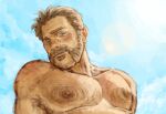  1boy armpit_hair armpit_hair_peek bara call_of_duty call_of_duty:_modern_warfare_2 captain_price chest_hair hairy highres large_pectorals looking_at_viewer male_focus mature_male muscular muscular_male mutton_chops nanda_(loafynanda) nipples nude pectoral_focus pectorals seductive_smile short_hair smile solo thick_eyebrows upper_body 