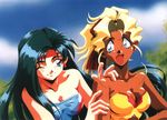  90s artist_request blonde_hair blue_eyes breasts cleavage earrings green_hair jewelry kuramitsu_mihoshi large_breasts makibi_kiyone multiple_girls official_art one_eye_closed ribbon_bangs scan scan_artifacts tenchi_muyou! tenchi_muyou!_uchuu_hen 