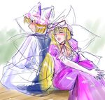  :d back-to-back blonde_hair blush closed_eyes dress drunk elbow_gloves gloves hat kishimasa long_sleeves multiple_girls open_mouth pillow_hat purple_dress short_hair short_sleeves sitting smile tabard tassel touhou white_gloves yakumo_ran yakumo_yukari 