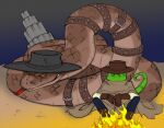 anthro brown_body campfire chameleon clothing darkpenguin duo feral fire gloves green_body grin gun handwear hat headgear headwear lizard looking_at_another male on_ground orange_eyes outside pit_viper poncho ranged_weapon rango rango_(movie) rattlesnake rattlesnake_jake reptile scalie sitting sitting_together size_difference smile snake tongue tongue_out viper weapon yellow_eyes