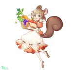  1girl :3 :d absurdres animal_ears basket beans brown_eyes brown_footwear brown_hair carrot dated dress food fruit full_body grapes highres holding holding_basket looking_at_viewer lumeru_33 original pantyhose puffy_short_sleeves puffy_sleeves shoes short_sleeves signature simple_background smile solo squirrel_ears squirrel_girl squirrel_tail strawberry strawberry_bag tail white_background white_dress white_pantyhose wristband 